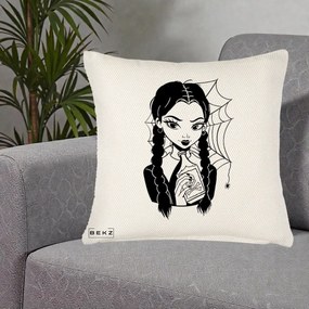 Perna Personalizata Wednesday cu Panza de Paianjen, 40x40 cm, Crem Reliefat, Husa Detasabila, Perna Inclusa, BEKZ®