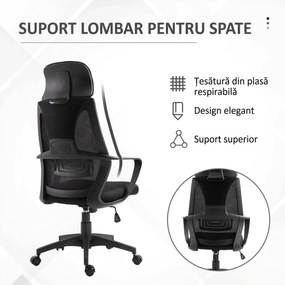Vinsetto Scaun de Birou Ergonomic cu Brațe și Tetieră Reglabilă, Scaun Pivotant cu Suport Lombar, 64x55x116-126 cm, Negru | Aosom Romania