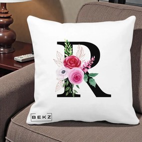 Cadou Personalizat - Perna Personalizata Monograma Florala Litera R, 40x40 cm, Alba Mata, Husa Detasabila, Perna Inclusa, BEKZ®