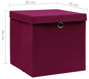 Cutii depozitare cu capac, 4 buc., rosu inchis, 28x28x28 cm 4, Rosu inchis cu capace, 1