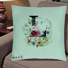 Cadou Personalizat - Perna Personalizata Monogram Litera L cu Flori Acuarela, 40x40 cm, Verde Menta, Husa Detasabila, Perna Inclusa, BEKZ®