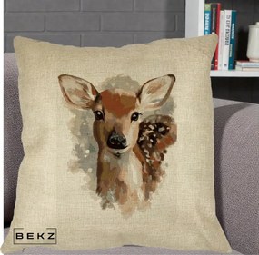 Perna Decorativa Caprioara Pui Acuarela, 40x40 cm, Crem, Husa Detasabila, Perna Inclusa, BEKZ®