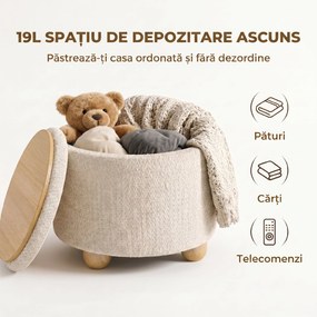 HOMCOM Taburet Rotund cu Spațiu de Depozitare, Capac, 19 L, Material Textil cu Aspect de Iută, 38,5x38,5x33,5 cm, Bej | Aosom Romania