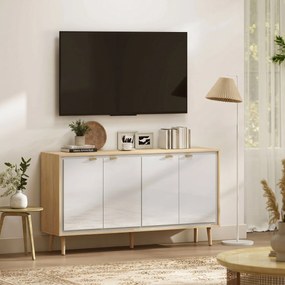 HOMCOM Bufet Modern cu 4 Uși și Raft Reglabil 141x35x77cm Alb și Stejar | Aosom Romania