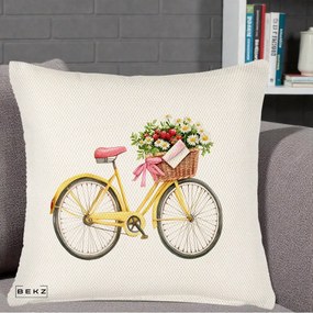 Perna Decorativa Bicicleta Galbena cu Cos de Flori Primavara, 40x40 cm, Crem Reliefat, Husa Detasabila, Perna Inclusa, BEKZ®
