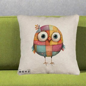 Perna Decorativa Pasare Patchwork Colorata, 40x40 cm, Bej Canapea, Husa Detasabila, Perna Inclusa, BEKZ®