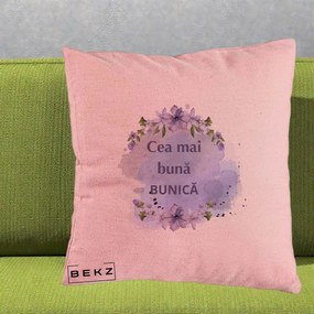 Cadou pentru Bunica - Perna Personalizata Cea Mai Buna Bunica Flori Mov Acuarela Negru, 40x40 cm, Roz, Husa Detasabila, Perna Inclusa, BEKZ®