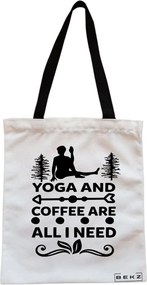 Sacosa de Panza pentru Cumparaturi, Geanta Tote, Yoga and Coffee are all I need, Cu fermoar, 38x34.5 cm, Alba, BEKZ®