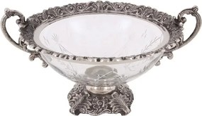 Bol decorativ din sticlă gravată și aluminiu, argintiu, cu mânere și picior decorat, aspect vintage, finisaj antichizat, 24 x 48 x 38 cm,