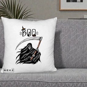 Perna Decorativa Halloween Boo Grim Reaper cu Coasa, 40x40 cm, Alb Pufos, Husa Detasabila, Perna Inclusa, BEKZ®
