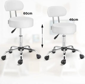 Taburet pe roți cu spătar ROLAND, Ø35cm, alb Casaria