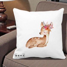 Perna Decorativa Caprioara cu Flori in Coama, 40x40 cm, Alba Mata, Husa Detasabila, Perna Inclusa, BEKZ®