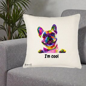 Perna Personalizata Bulldog Francez I'm Cool, 40x40 cm, Crem Reliefat, Husa Detasabila, Perna Inclusa, BEKZ®