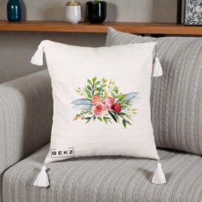 Perna Decorativa Buchet Flori Acuarela Roz-Verde, 40x40 cm, Bej cu Franjuri, Husa Detasabila, Perna Inclusa, BEKZ®