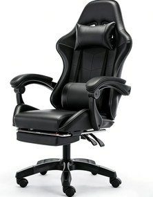 RESIGILAT- Scaun gaming, Masaj în perna lombară, Rabatabil 90-145°, Suport picioare, piele PU, Negru