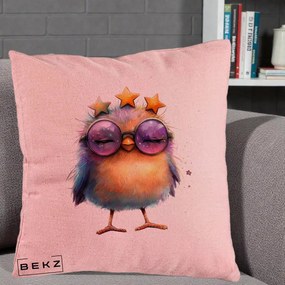 Perna Decorativa Pui Pop Star cu Ochelari Stele Violet, 40x40 cm, Roz, Husa Detasabila, Perna Inclusa, BEKZ®