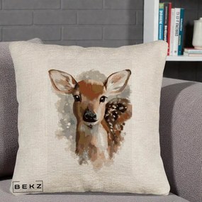 Perna Decorativa Caprioara Pui Acuarela, 40x40 cm, Bej Canapea, Husa Detasabila, Perna Inclusa, BEKZ®
