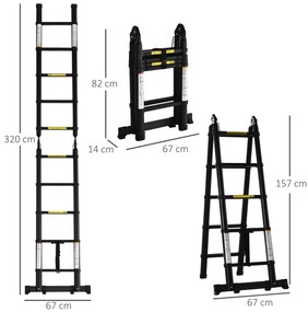 DURHAND Scară Telescopică Pliabilă cu 10 Trepte, Scară Extensibilă din Aluminiu și Metal, 320x67x7 cm, Neagră | Aosom Romania