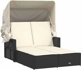 vidaXL Șezlong dublu cu baldachin și perne, negru, poliratan