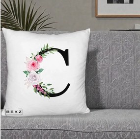 Cadou Personalizat - Perna Personalizata Monograma Florala Litera C, 40x40 cm, Alb Pufos, Husa Detasabila, Perna Inclusa, BEKZ®