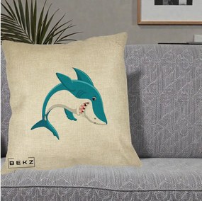 Perna Decorativa Rechin Albastru Cartoon, 40x40 cm, Crem, Husa Detasabila, Perna Inclusa, BEKZ®