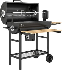 Outsunny Grătar pe cărbuni cu căruț de gătit, etajere pliabile, termometru, roți, rotisor electric, negru | Aosom Romania