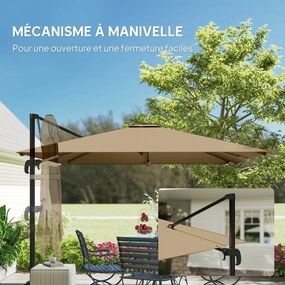 Outsunny Umbrelă cu stâlp lateral pătrată 3 x 3 m, umbrelă de grădină pentru exterior, rotire 360°, înclinabilă 5 poziții, bază în cruce, kaki | Aosom Romania