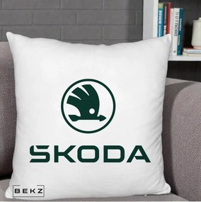 Perna Personalizata cu emblema Skoda, 40x40 cm, Alb Pufos, Husa Detasabila, Perna Inclusa, BEKZ®