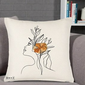 Perna Decorativa Portret Feminin Floare Portocalie Lateral, 40x40 cm, Crem Reliefat, Husa Detasabila, Perna Inclusa, BEKZ®