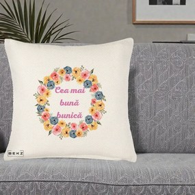 Cadou pentru Bunica - Perna Personalizata Cea Mai Buna Bunica Coronita Flori Multicolore, 40x40 cm, Crem Reliefat, Husa Detasabila, Perna Inclusa, BEKZ®