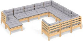 vidaXL Set mobilier grădină cu perne gri, 11 piese, lemn de pin