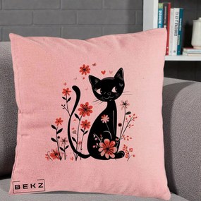 Perna Decorativa Pisica Neagra Flori Roz si Inimi, 40x40 cm, Roz, Husa Detasabila, Perna Inclusa, BEKZ®