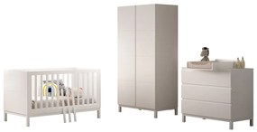 Set Complet Cameră Copii EVA: Pătuț Transformabil 70x140 cm, Comodă cu 3 Sertare, Masă de Înfășat și Dulap 2 Uși, Alb – Vipack