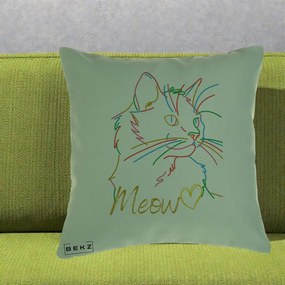 Perna Personalizata Pisica Meow Arta Linie Colorata, 40x40 cm, Verde, Husa Detasabila, Perna Inclusa, BEKZ®