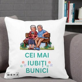 Cadou pentru Bunici - Perna Personalizata Cei Mai Iubiti Bunici Cuplu pe Banca Ilustratie, 40x40 cm, Alba Mata, Husa Detasabila, Perna Inclusa, BEKZ®