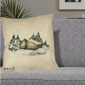 Perna Decorativa Cabana de Iarna in Padure, 40x40 cm, Crem, Husa Detasabila, Perna Inclusa, BEKZ®