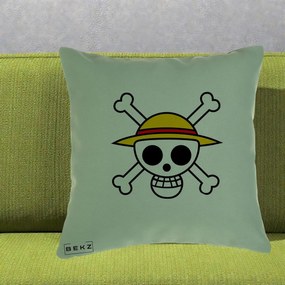 Perna Personalizata One Piece Jolly Roger Straw Hat Pirates, 40x40 cm, Verde, Husa Detasabila, Perna Inclusa, BEKZ®