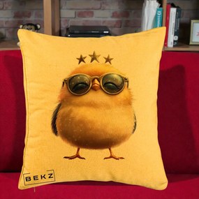 Perna Decorativa Pui Gold Star cu Ochelari Aurii, 40x40 cm, Galben, Husa Detasabila, Perna Inclusa, BEKZ®