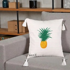 Perna Decorativa Ananas Tropical, 40x40 cm, Bej cu Franjuri, Husa Detasabila, Perna Inclusa, BEKZ®