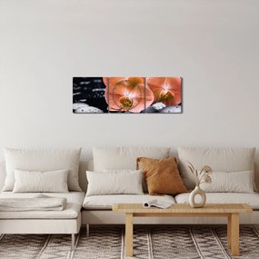 Tablou - Orhidee portocalie cu frunze de palmier (cu ceas) (90x30 cm)
