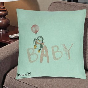 Perna Personalizata Baby Pinguin Roz, 40x40 cm, Verde Menta, Husa Detasabila, Perna Inclusa, BEKZ®