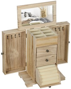 HOMCOM Cutie pentru bijuterii femei pe 4 nivele, cofret pentru bijuterii cu aripi, oglindă și 2 sertare, 26,5 x 16 x 33,5 cm, maro | Aosom Romania