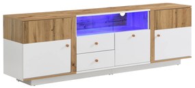 Mobilă TV joasă cu lumini LED schimbătoare de culoare, rafturi din sticlă și sertare, 180x35x50 cm, naturală