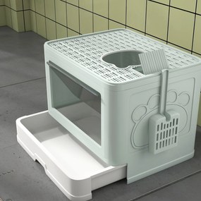 PawHut Litieră de nisip pentru pisici cu Capac, Intrare Dublă, Sertar, Lopățică, Verde | Aosom Romania