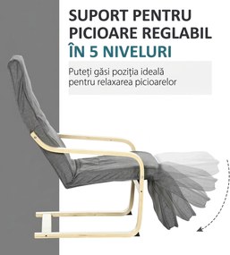 HOMCOM Fotoliu Relax cu Suport picioare pe 5 Niveluri si Tetiera, Fotoliu Ergonomic din Lemn de Mesteacan si Tesut, Gri
