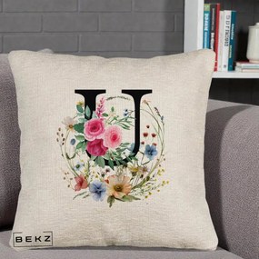 Cadou Personalizat - Perna Personalizata Monogram Litera U cu Flori Acuarela, 40x40 cm, Bej Canapea, Husa Detasabila, Perna Inclusa, BEKZ®
