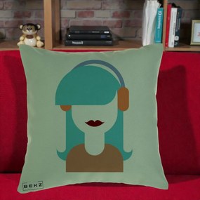 Perna Decorativa Fata cu Casti Muzica Grafic, 40x40 cm, Verde, Husa Detasabila, Perna Inclusa, BEKZ®