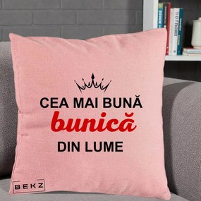 Cadou pentru Bunica - Perna Personalizata Cea Mai Buna Bunica Din Lume Coroana Neagra, 40x40 cm, Roz, Husa Detasabila, Perna Inclusa, BEKZ®