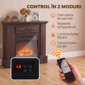 HOMCOM Șemineu Electric cu Efect Flacără Realistă, Telecomandă, Timer, Termostat, 1800W, 80,7x22,5x76,5 cm, Maro | Aosom Romania