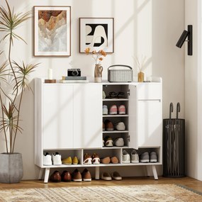 HOMCOM Pantofar Hol cu 4 Uși Push-to-Open, Rafturi Reglabile, MDF și Lemn Pin, 120x35x100 cm, Alb | Aosom Romania